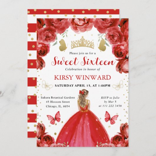 レッドドレスブロンドヘアプリンセススウィート16 招待状 (正面/裏面)