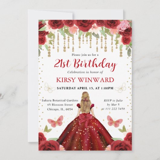 レッドドレスブロンド髪プリンセス21歳 招待状 (正面)