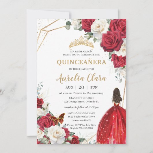 レッドドレスホワイトローゼスフローラガール金ゴールドキンセアニラ 招待状 (正面)