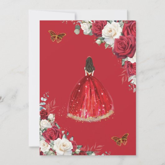 レッドドレスホワイトローゼスフローラガール金ゴールドキンセアニラ 招待状 (裏面)