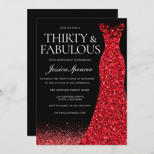レッドドレスレッドグリッターガウン30th誕生日パーティー 招待状 (正面/裏面)