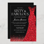 レッドドレスレッドグリッターガウン60thバースデーパーティー 招待状 (正面/裏面)