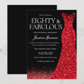 レッドドレスレッドグリッターガウン80thバースデーパーティー 招待状 (正面/裏面)