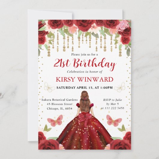 レッドドレスレッドフォールドプリンセス21歳 招待状 (正面)