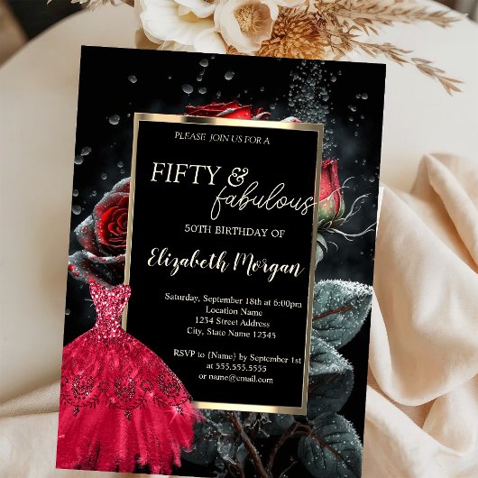 レッドドレスレッドローゼブラック50誕生日 招待状