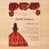 レッドドレス花模様バラ澄んズスウィート16 アクリル招待状 (正面)