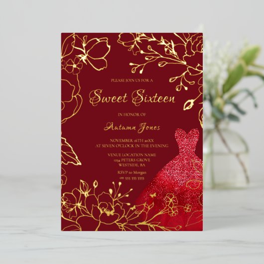 レッドドレス葉金ゴールドズスウィート16金ゴールド 箔招待状 (立ち正面)