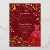 レッドドレス金ゴールド葉フローラズスウィート16 箔招待状 (正面)