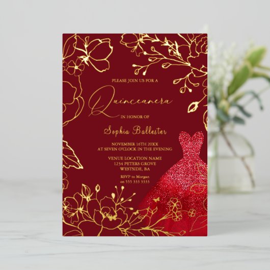 レッドドレス金ゴールド葉フローラズスウィート16 箔招待状 (立ち正面)