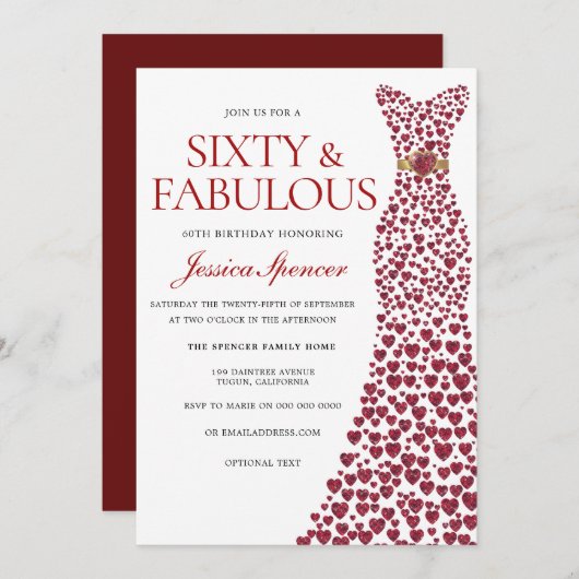 レッドドレス60歳の誕生日パーティー 招待状 (正面/裏面)