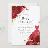 レッドドレス&バラ金ゴールドグリッター80th誕生日 招待状 (正面)