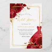 レッドドレス&フラワーズゴールドフォイルブライダルシャワー 箔招待状 (正面)