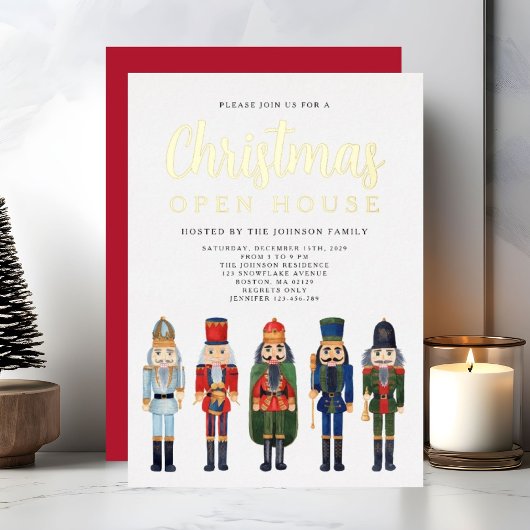 レッドナツクラッカークリスマスオープンハウス金ゴールド 箔招待状