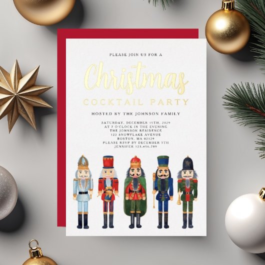 レッドナツクラッカークリスマスカクテルパーティー金ゴールド 箔招待状