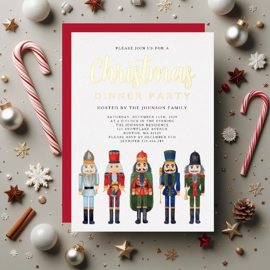 レッドナツクラッカークリスマスディナーパーティー金ゴールド 箔招待状