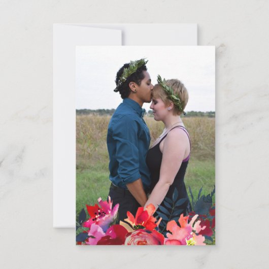 レッドネイビーの水色の救野花の結婚日付 セーブザデート (裏面)