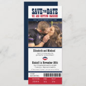 レッドネイビーウェディングデイトサッカーチケットを保存 セーブザデート (正面/裏面)