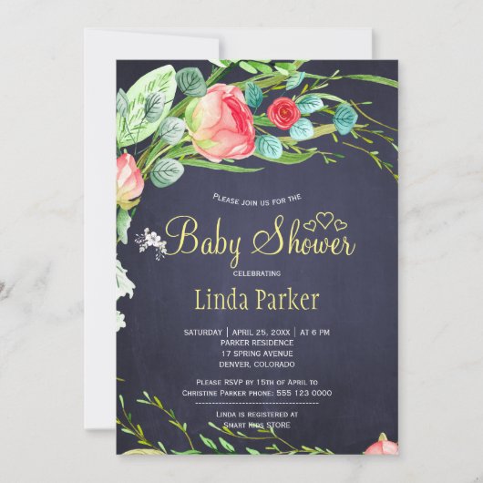 レッドネイビーガーデンバラリースエレガントベビーシャワー 招待状 (正面)