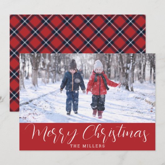 レッドネイビータータンチェックのクリスマス休暇のフォトカード シーズンカード (正面/裏面)