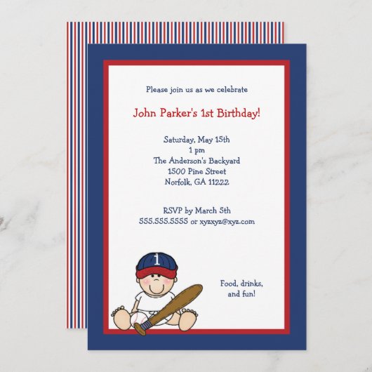 レッドネイビーブルー野球1回誕生日パーティー招待状 招待状 (正面/裏面)