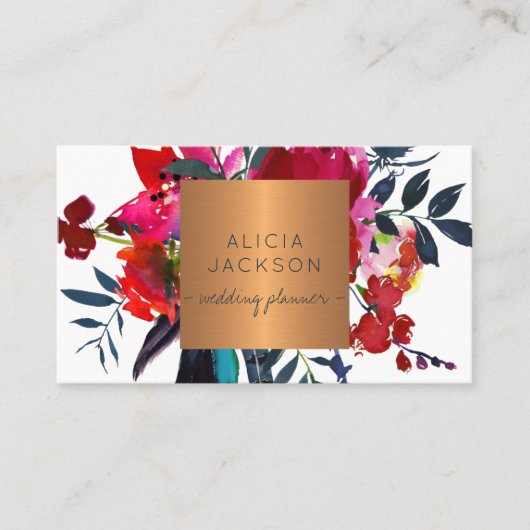 レッドネイビーブーケグラム銅金ゴールドウェディングプランナー 名刺 (正面)