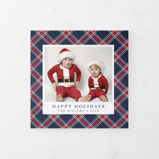 レッドネイビープレイドクリスマストリフォートカード 三つ折りクリスマスカード (カバー)
