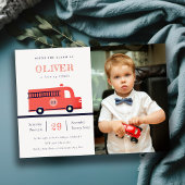 レッドネイビー火災トラックエンジンフォト誕生日招待状 サンキューカード