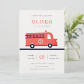 レッドネイビー火災トラックエンジン任意の年齢誕生日招待状 サンキューカード (スタンド正面)