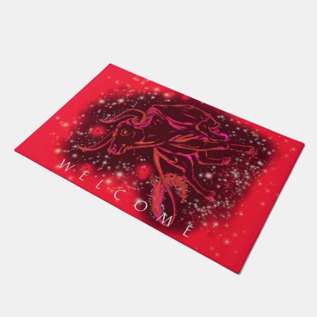 レッドネオンブルランニングアットスタリーナイトウェルカム ドアマット (アングル)
