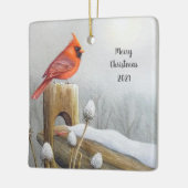 レッドノーザン（鳥）ショウジョウコウカンチョウバードオンフェンスウォーター色アート セラミックオーナメント (左)