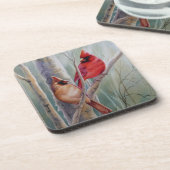 レッドノーザン（鳥）ショウジョウコウカンチョウバードペア水彩画 コースター (左側)