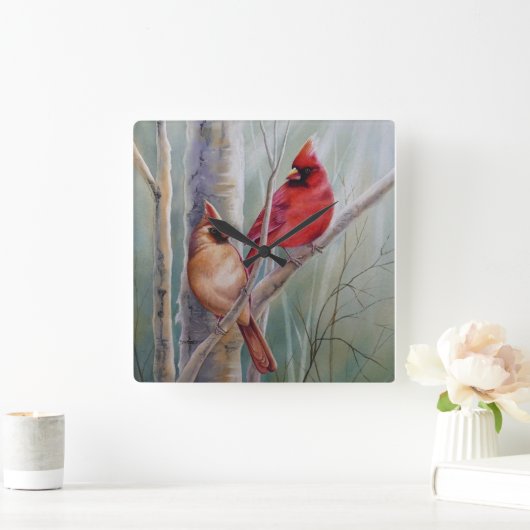 レッドノーザン（鳥）ショウジョウコウカンチョウバードペア水彩画 スクエア壁時計 (ホーム)