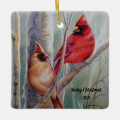 レッドノーザン(鳥)ショウジョウコウカンチョウバードペア水彩画 セラミックオーナメント (正面)