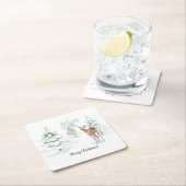 レッドノーズディアインザスノーウッドホリデー スクエアペーパーコースター (インサイチュ)