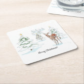 レッドノーズディアインザスノーウッドホリデー スクエアペーパーコースター (アングル)