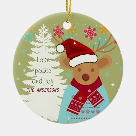 レッドノーズトナディアスノーフレークファミリー名クリスマス セラミックオーナメント (正面)