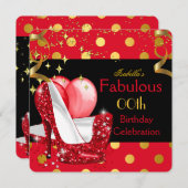 レッドハイヒールきらめく金ゴールド誕生日パーティー 招待状 (正面/裏面)