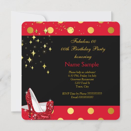 レッドハイヒールきらめく金ゴールド誕生日パーティー 招待状 (裏面)