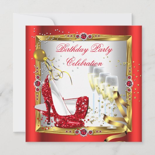 レッドハイヒールシューズシャンパンホワイト金ゴールド 招待状 (正面)