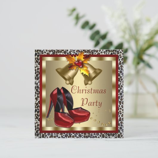 レッドハイヒールシューズヒョウのクリスマスパーティー 招待状 (スタンド正面)
