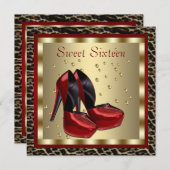 レッドハイヒールシューズヒョウSweet sixteen誕生日 招待状 (正面/裏面)