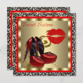 レッドハイヒールシューズヒョウSweet sixteen誕生日 招待状 (正面/裏面)