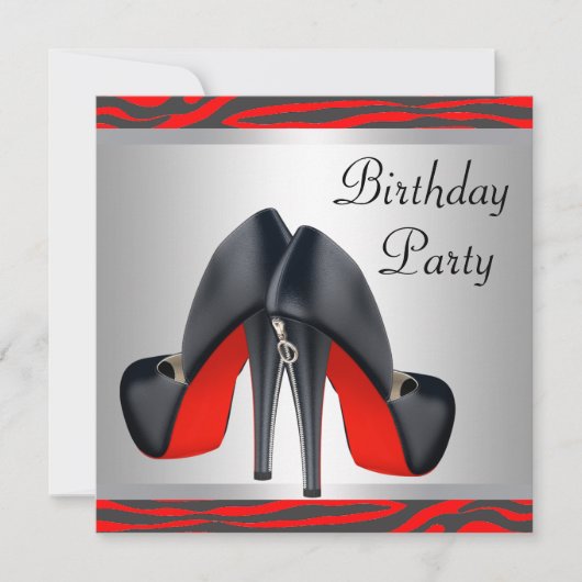 レッドハイヒールシューズレッドゼブラ誕生日パーティー 招待状 (正面)