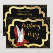 レッドハイヒールブラック&金ゴールド誕生日パーティー 招待状 (正面/裏面)