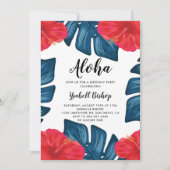 レッドハイビスカスとスプリット葉熱帯誕生日 招待状 (正面)