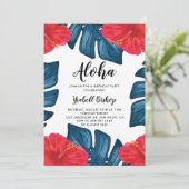 レッドハイビスカスとスプリット葉熱帯誕生日 招待状 (スタンド正面)