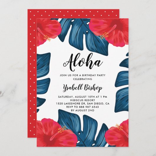 レッドハイビスカスとスプリット葉熱帯誕生日 招待状 (正面/裏面)