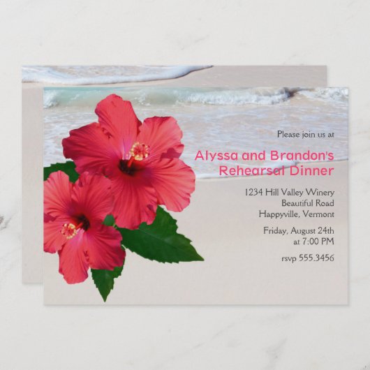 レッドハイビスカスビーチ結婚式リハーサルディナー 招待状 (正面/裏面)