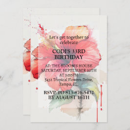 レッドハイビスカスフラワーアートバースデーパーティー 招待状