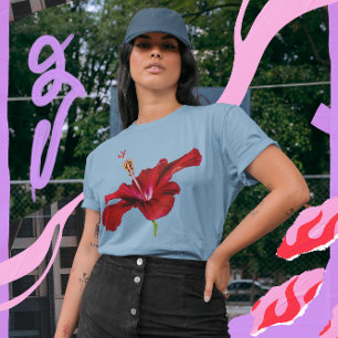 レッドハイビスカスフラワーサイドビューウィメンズ Tシャツ